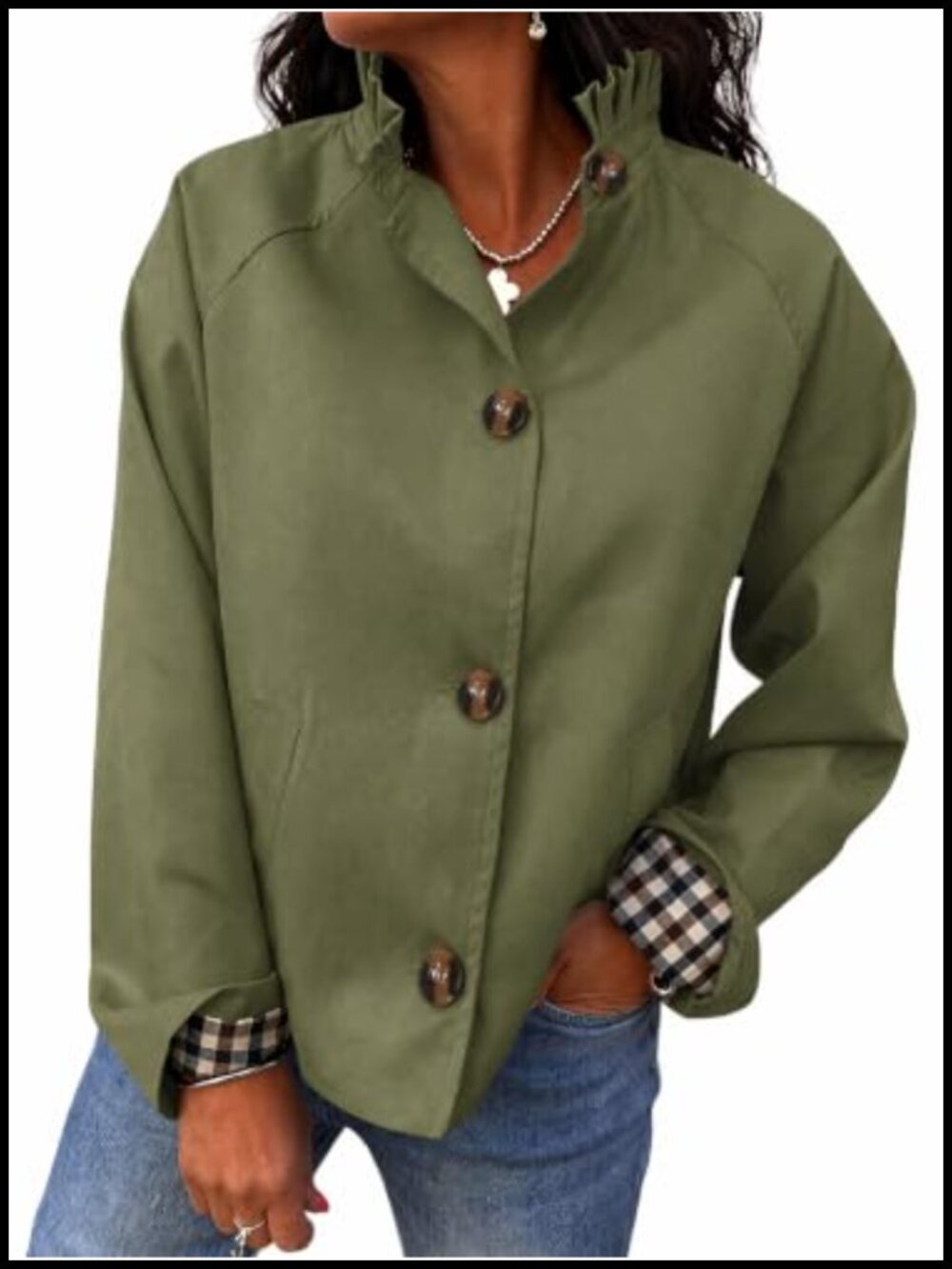 Womens Ruffle Collar Cropped Trench Coat Single Breasted Plaid Cuff Jacket